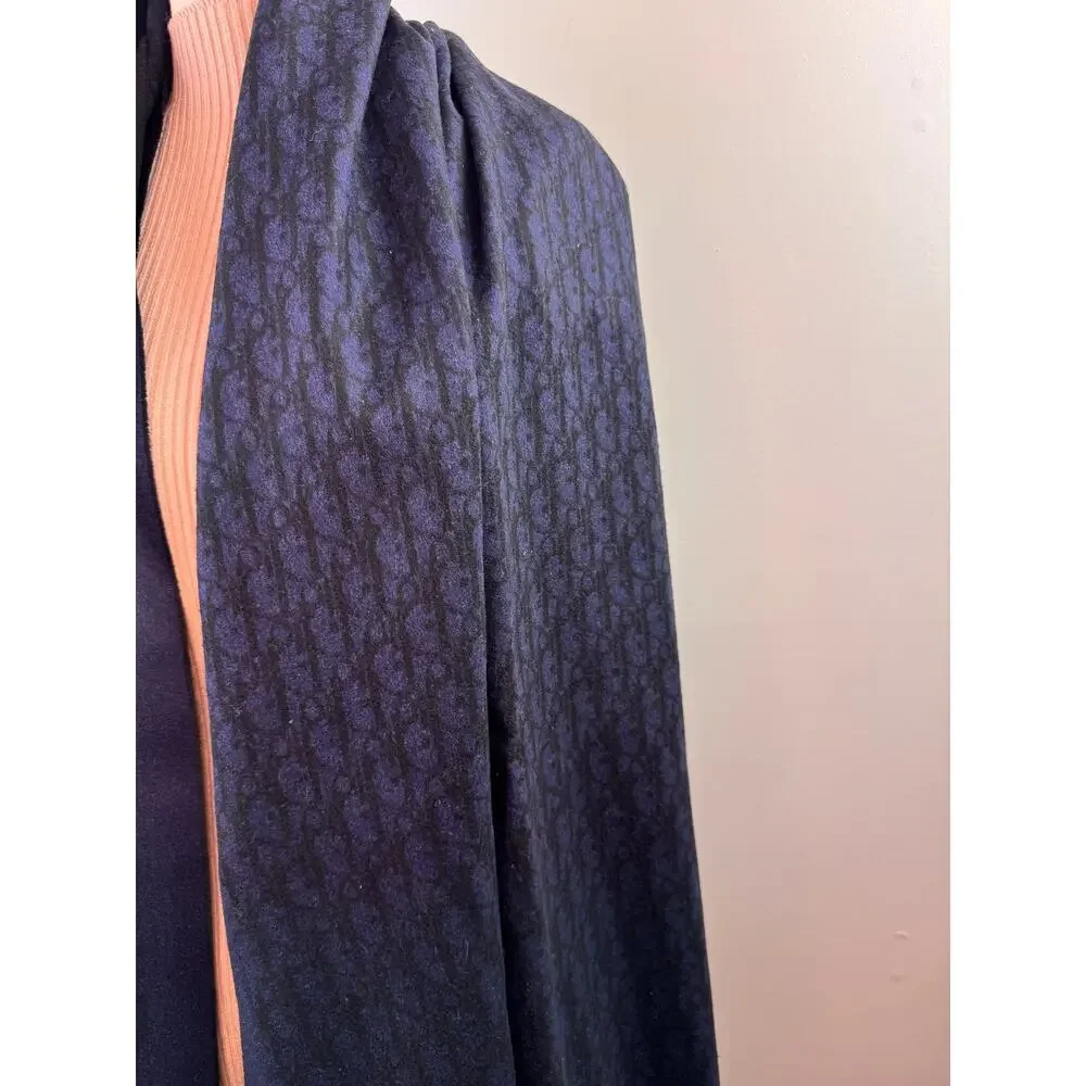 DIOR Oblique Navy Black Double-Sided Scarf Cashmere Fringed Edges Around Neck